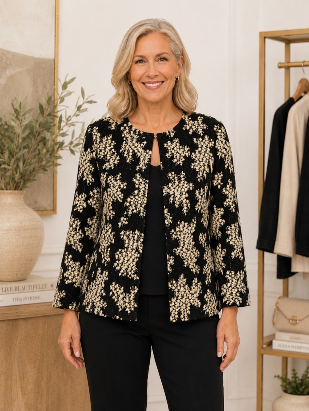 St. John Knit Jacket Sz 8 Black Ivory Open Front Textured USA Made